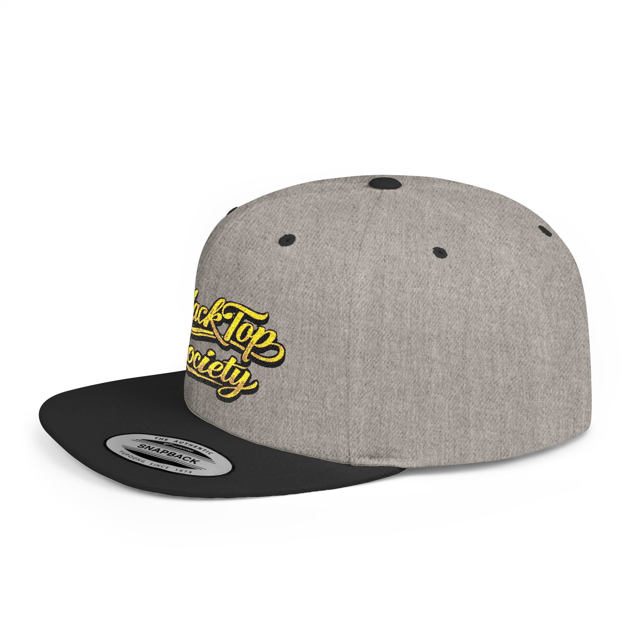 Gray snapback hat with black brim and yellow BlackTop Society script embroidery, streetwear style