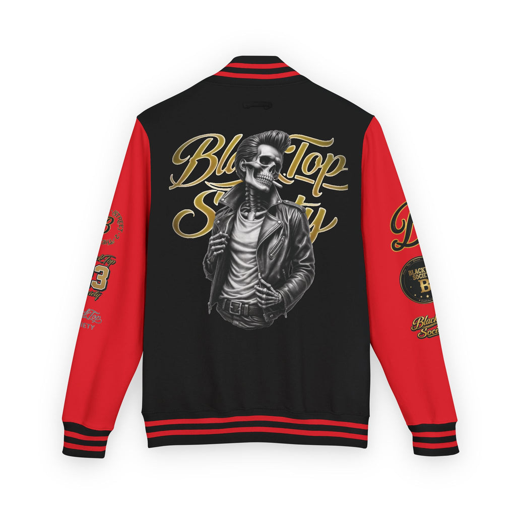 Black & White Letterman Jacket — 'Blue Top Society' Skeleton Biker Design