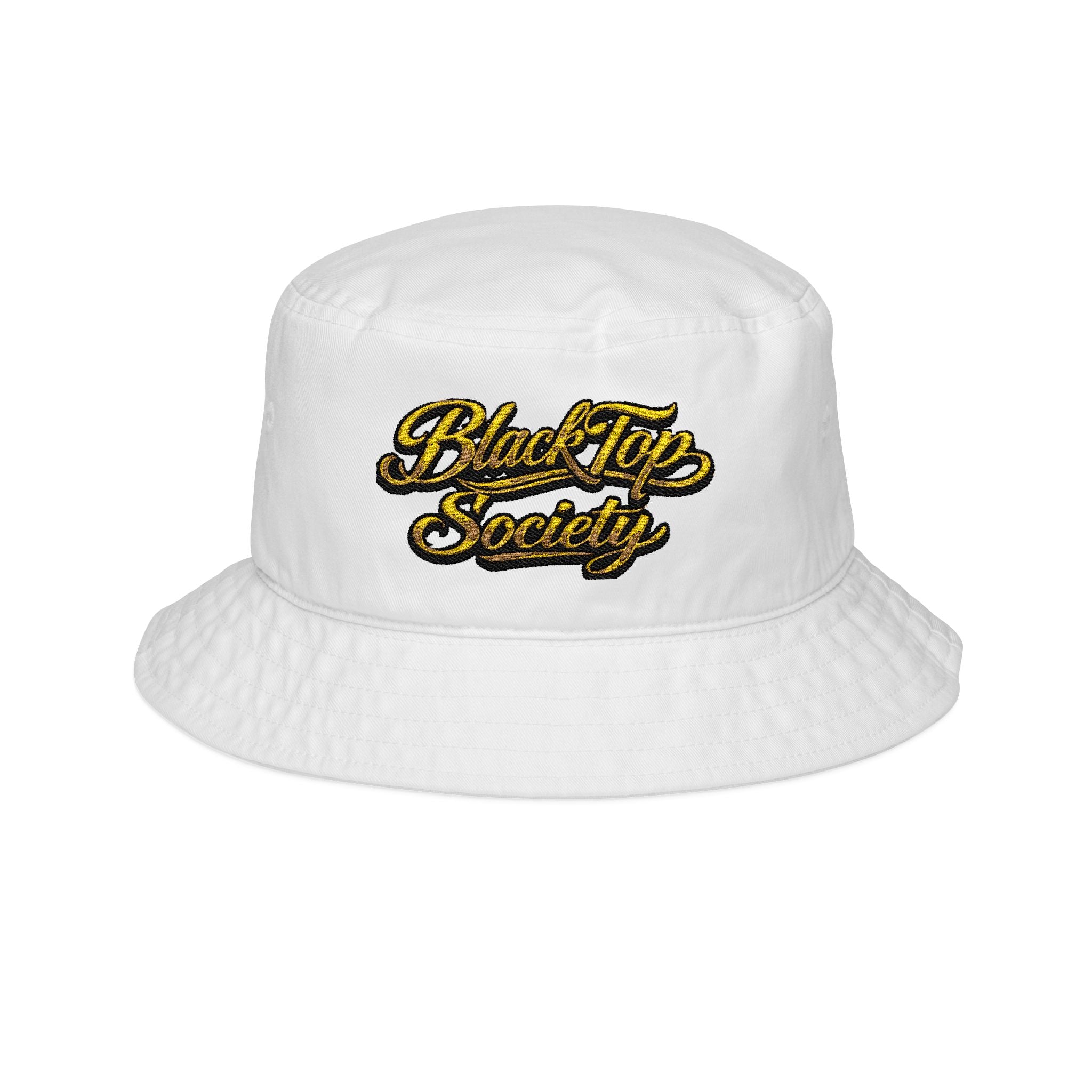 Black Top Society embroidered bucket hat with gold script — black, front view