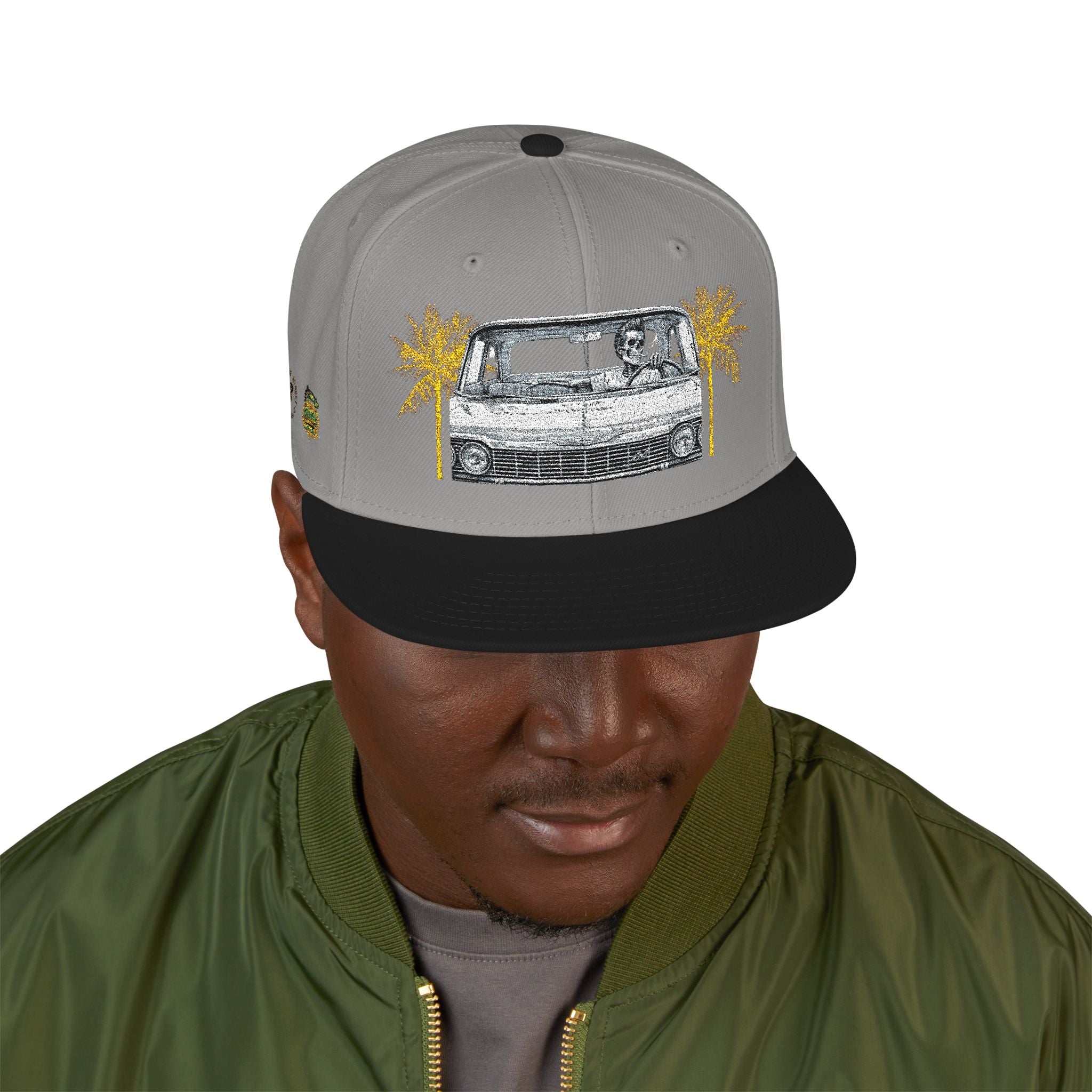 Vintage Camper Snapback Hat — Embroidered Palm Tree & Van Design