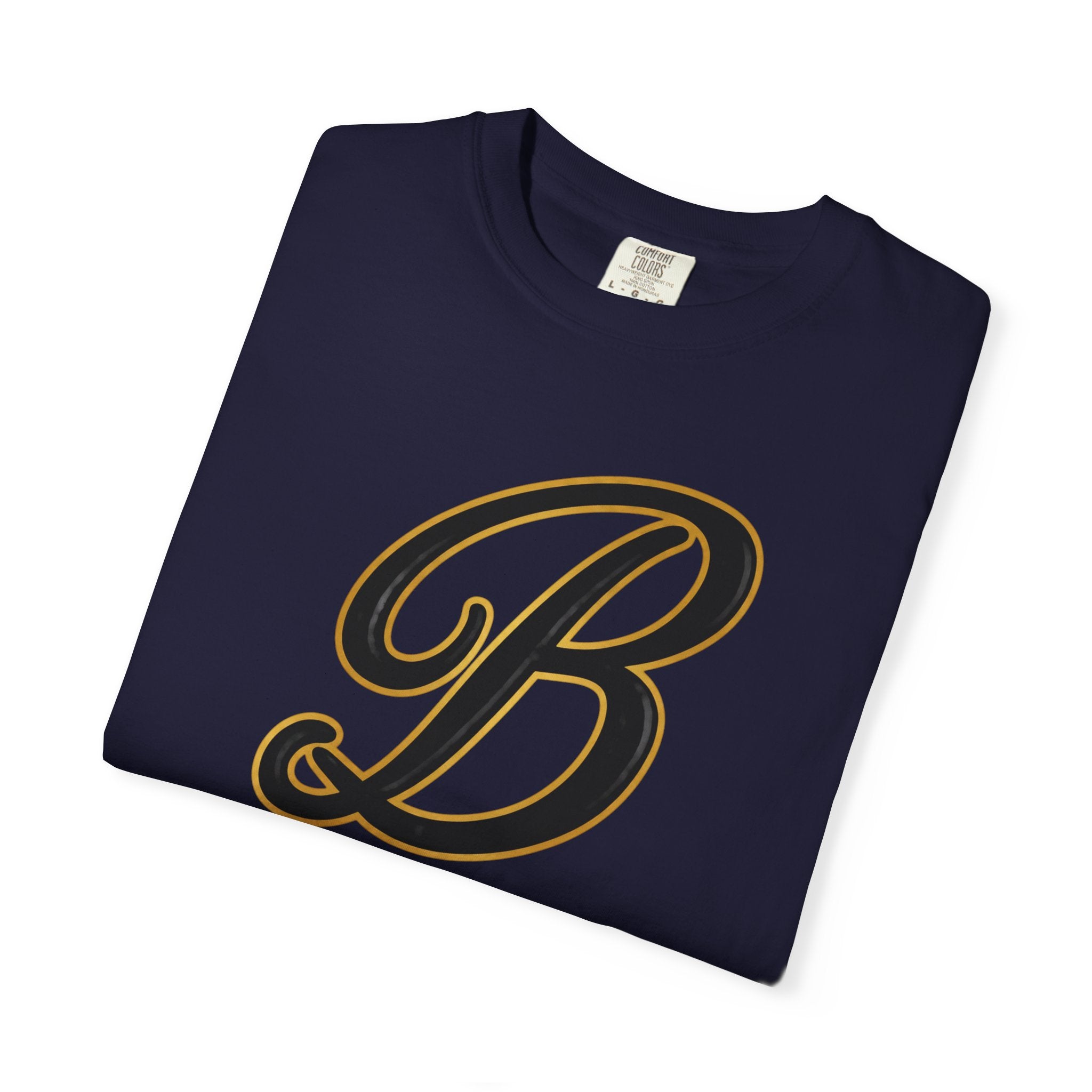 Navy graphic tee with bold black and gold letter B, streetwear style