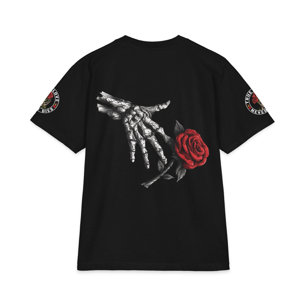 'Love Never Dies' skull and rose graphic tee, Blacktop Society, view 4