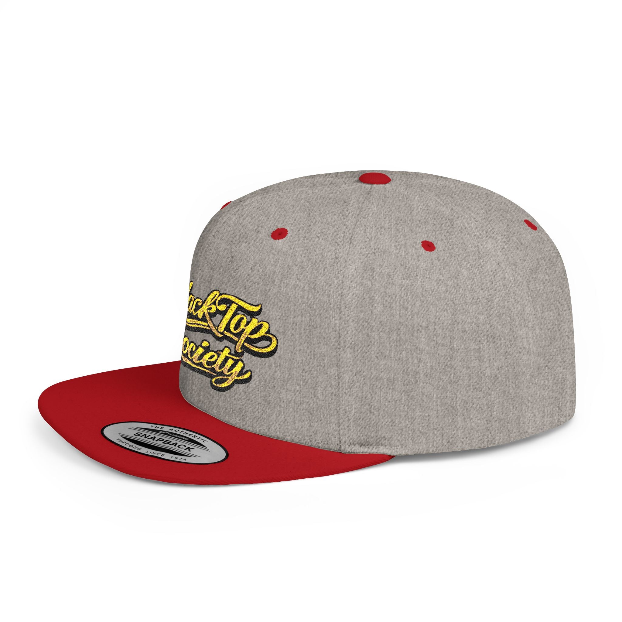 Gray and red snapback hat with yellow BlackTop Society script logo, streetwear style cap