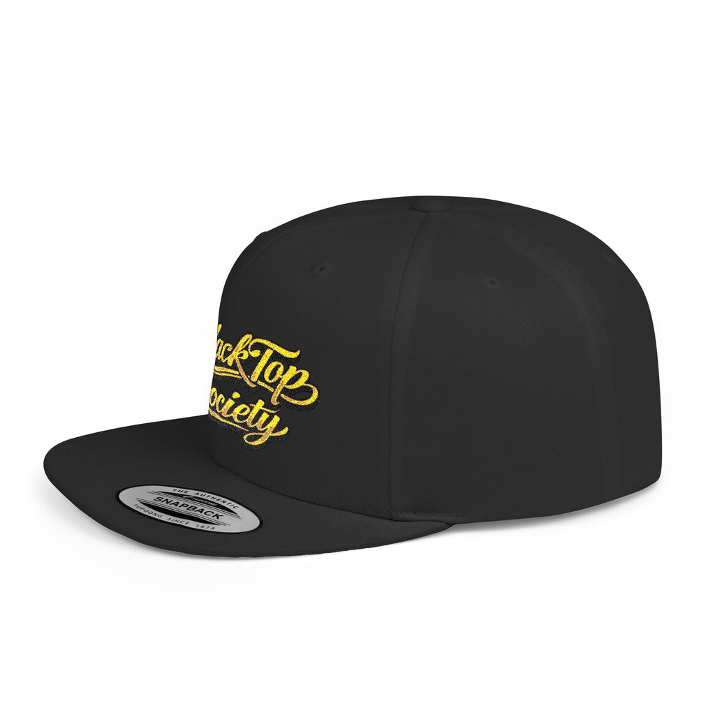 Black snapback hat with gold BlackTop Society script logo, streetwear style cap