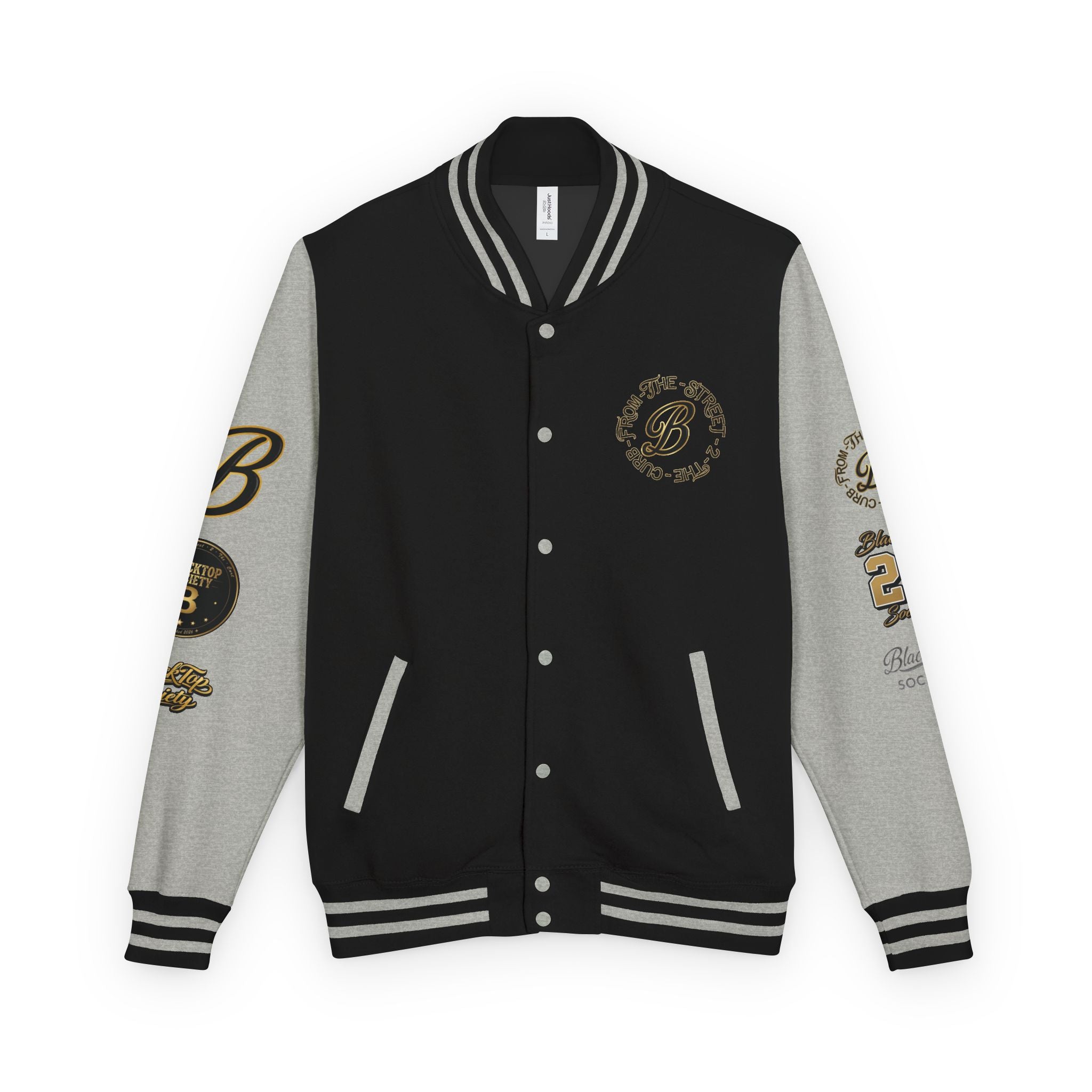 Black and white letterman jacket with skeleton biker design, Blacktop Society varsity outerwear, view 2