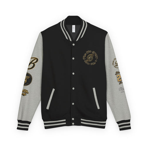 Black & White Letterman Jacket — 'Blue Top Society' Skeleton Biker Design
