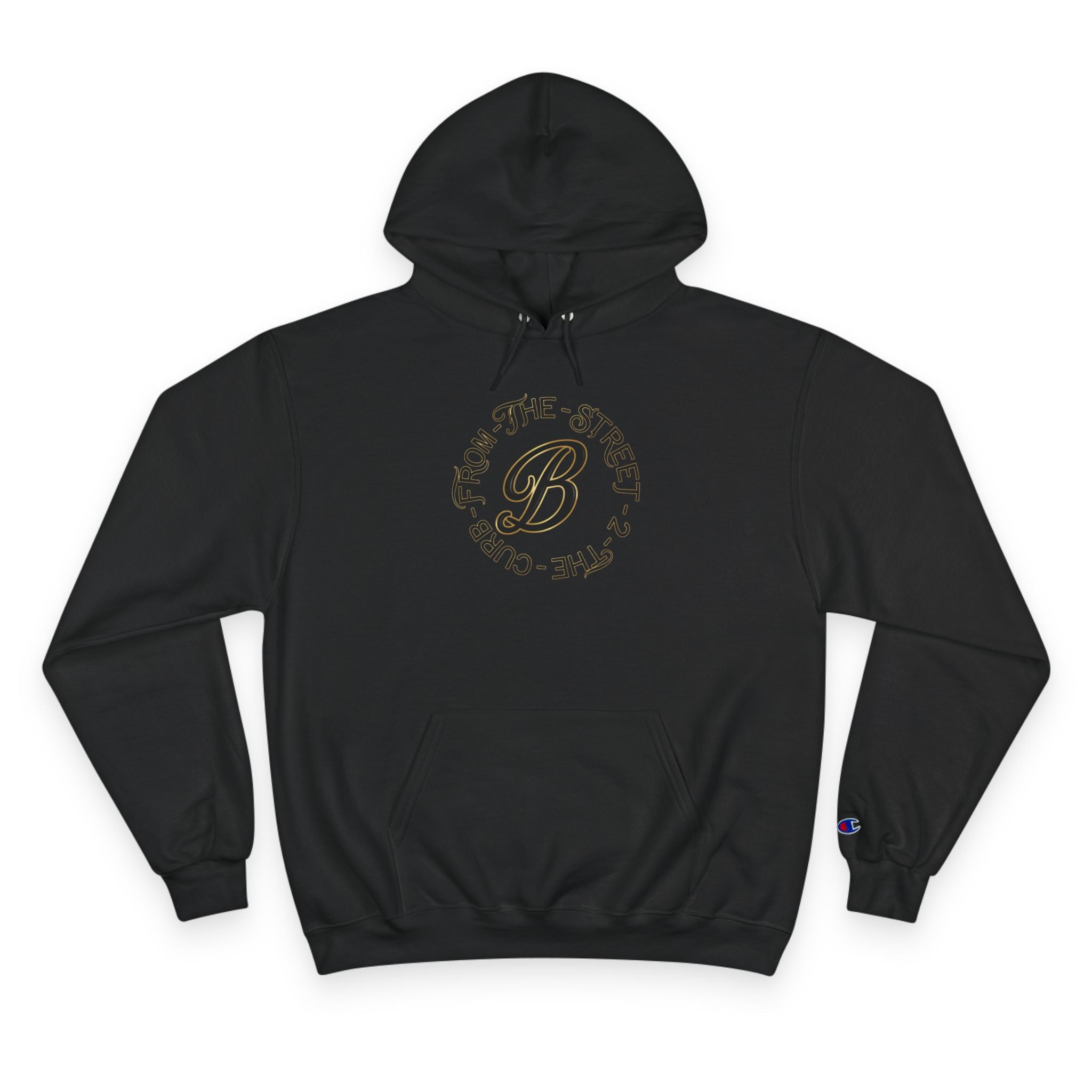 Black streetwear hoodie with gold 'From The Street 2 The Curb' graphic, Champion logo on sleeve