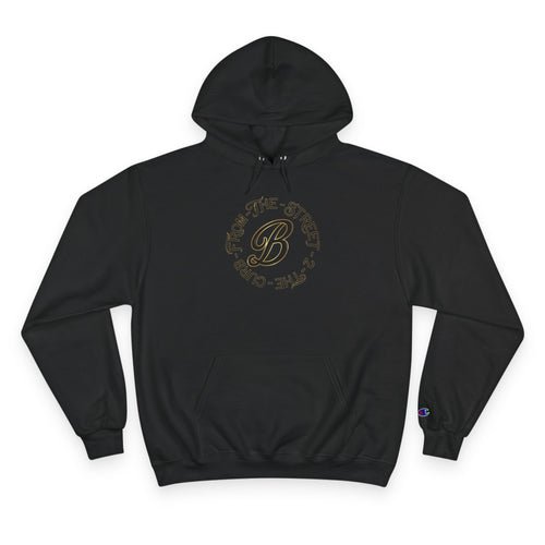 Black streetwear hoodie with gold 'From The Street 2 The Curb' graphic, Champion logo on sleeve