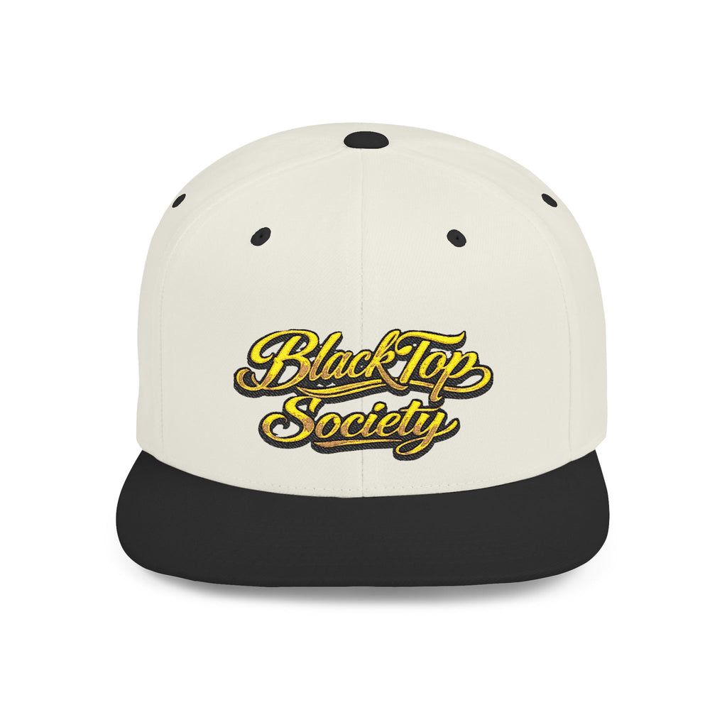 Cream and black snapback hat with embroidered BlackTop Society logo in gold script, streetwear style