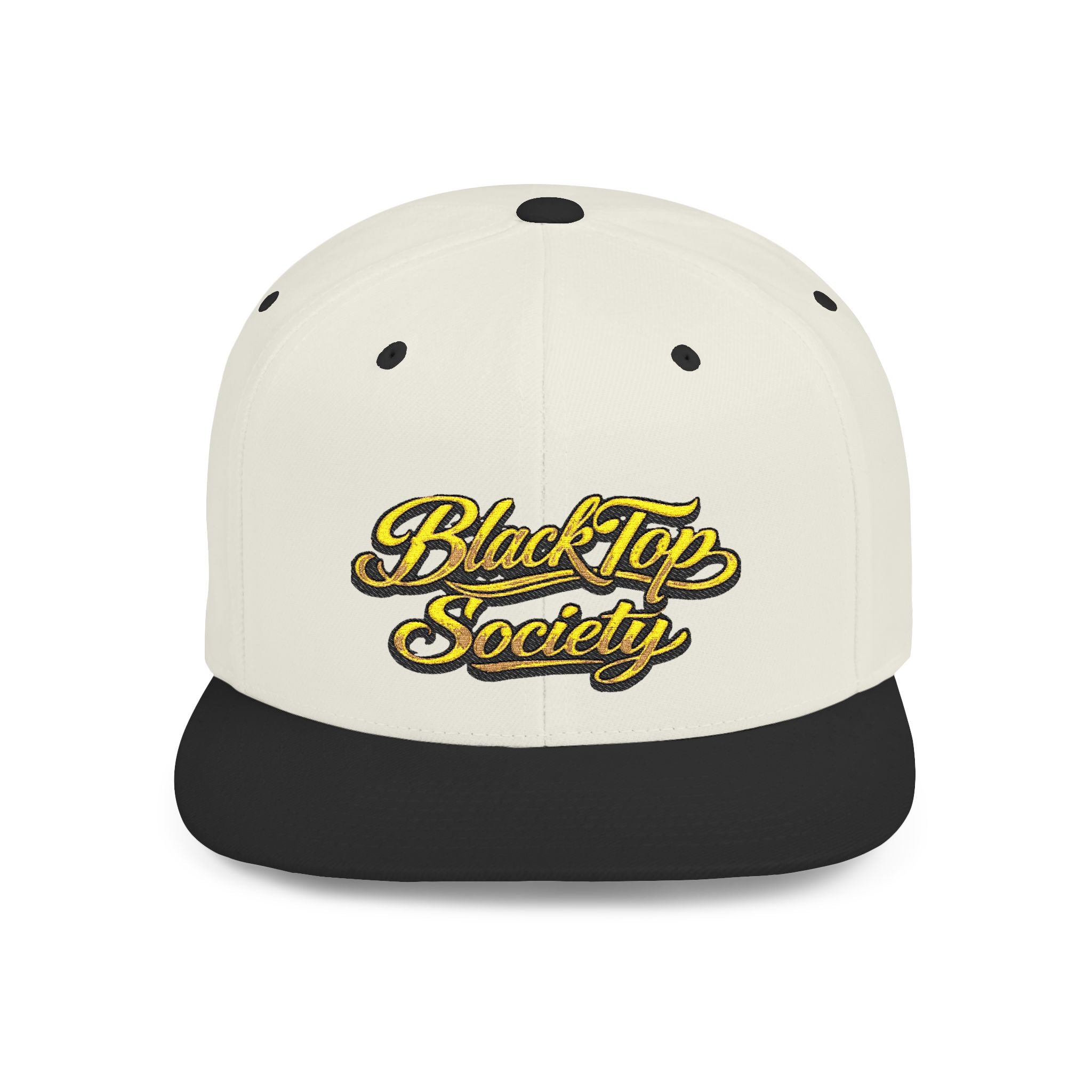 Cream and black snapback hat with embroidered BlackTop Society logo in gold script, streetwear style