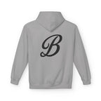 Gray hoodie with bold black cursive B logo, streetwear style for urban culture