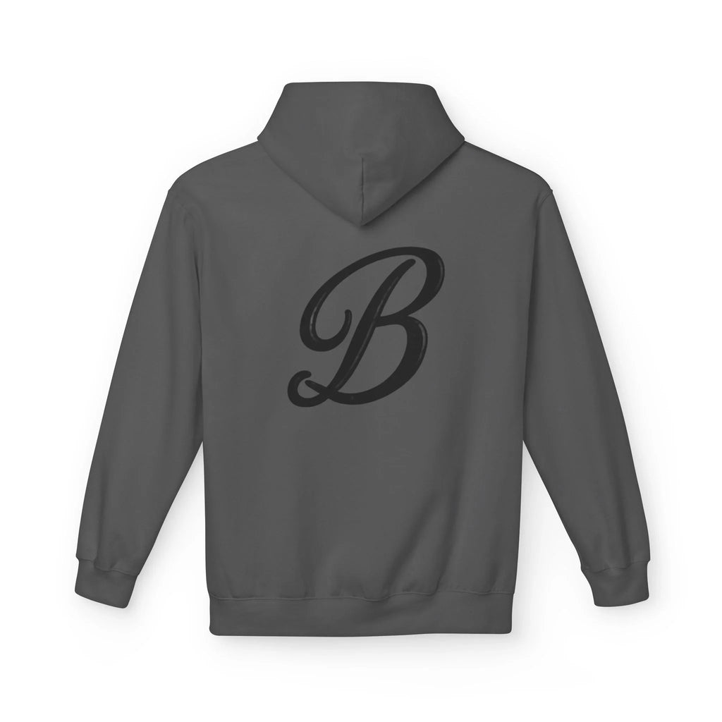 Gray hoodie with bold black cursive B graphic, streetwear style for urban culture