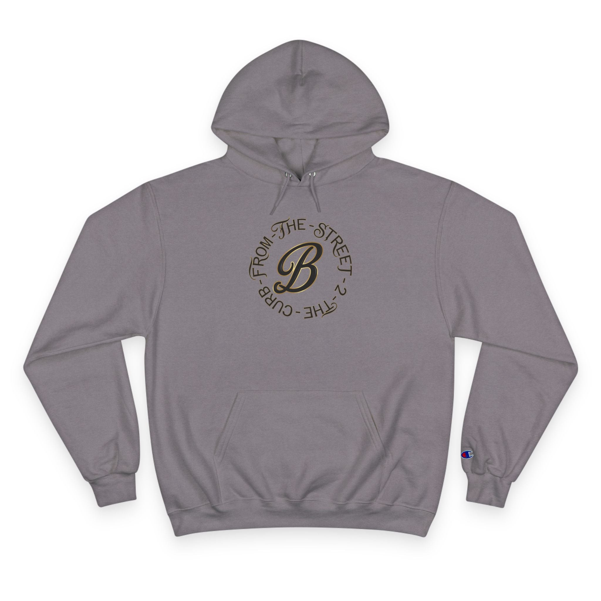 Gray hoodie with 'From The Street 2 The Curb' graphic, streetwear style, Champion logo sleeve