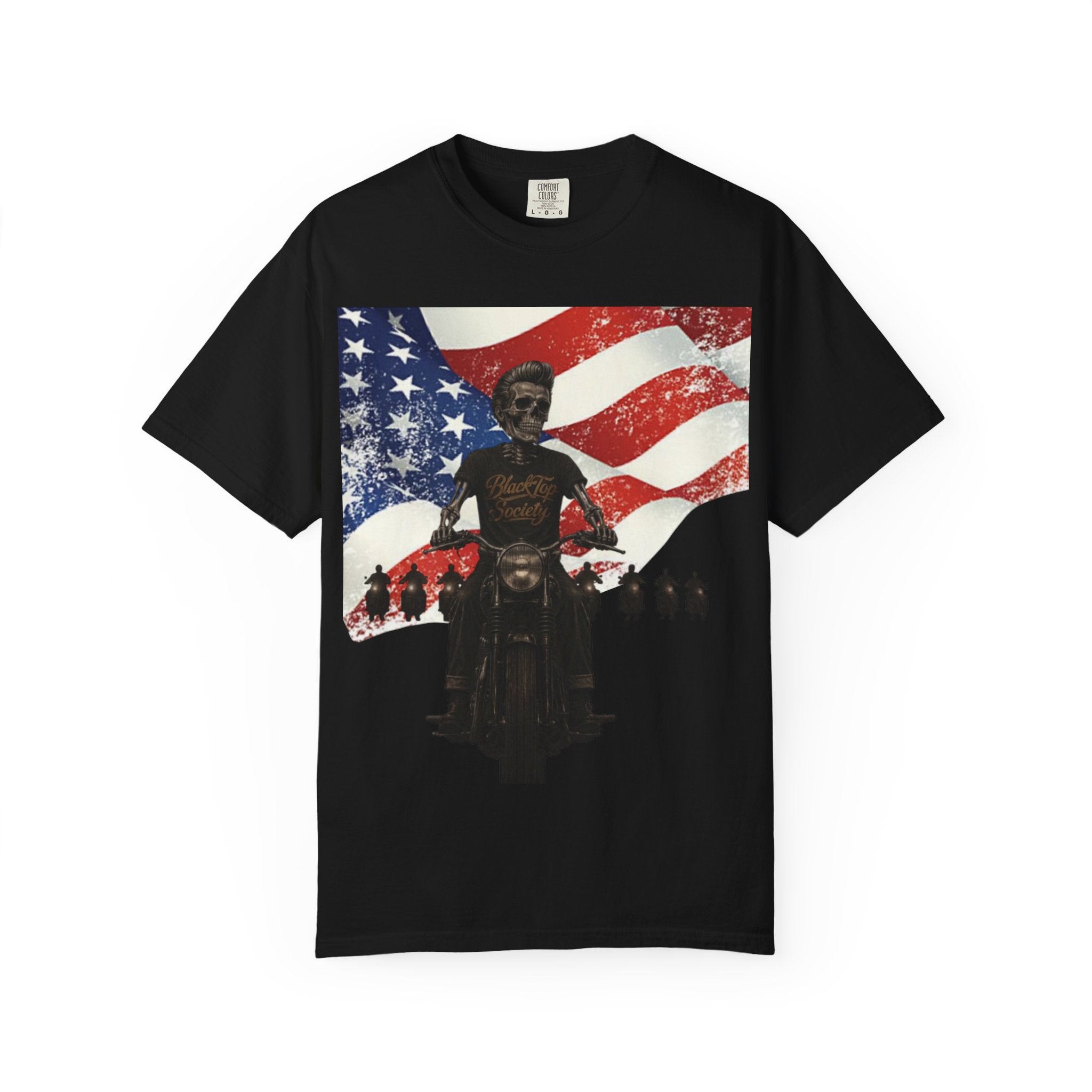 Patriotic 'This is our Land' tee — hand-drawn skull back print, Blacktop Society