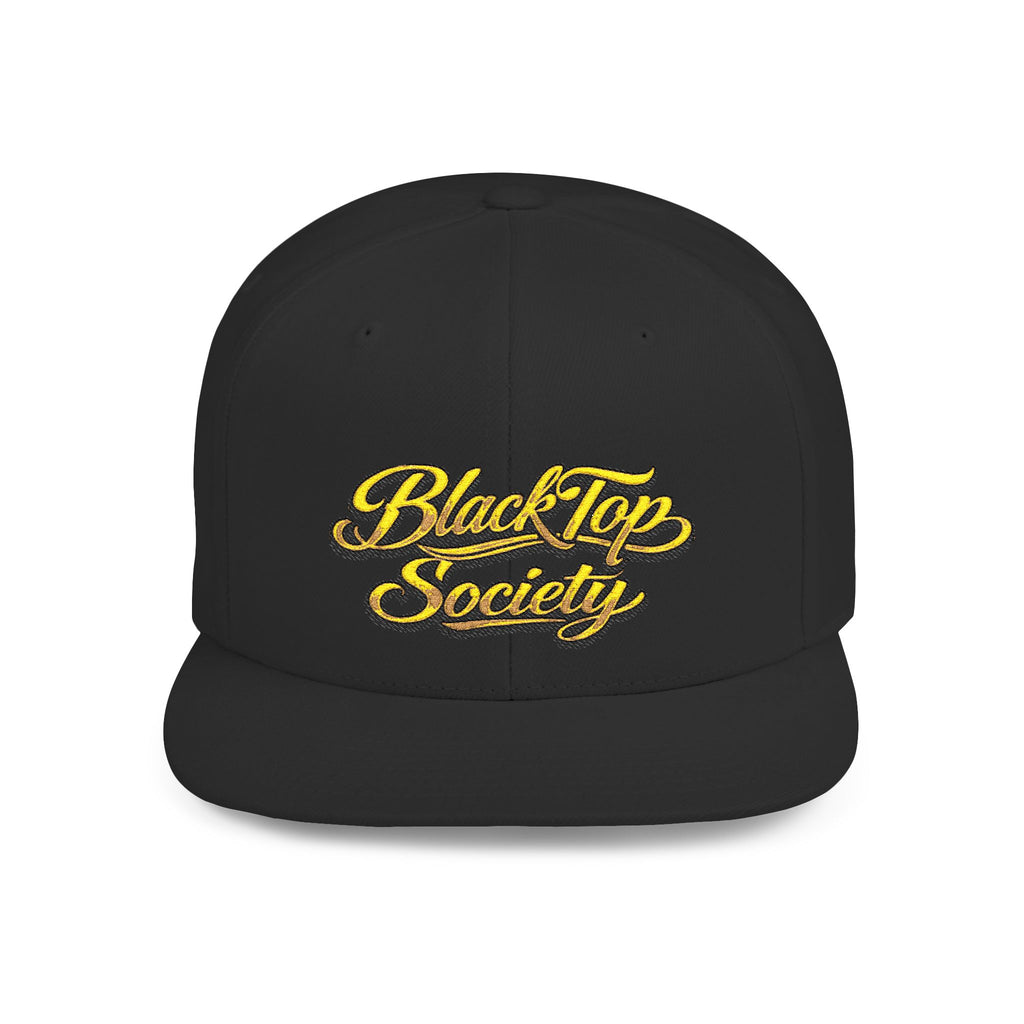 Black snapback hat with gold BlackTop Society script logo, streetwear style