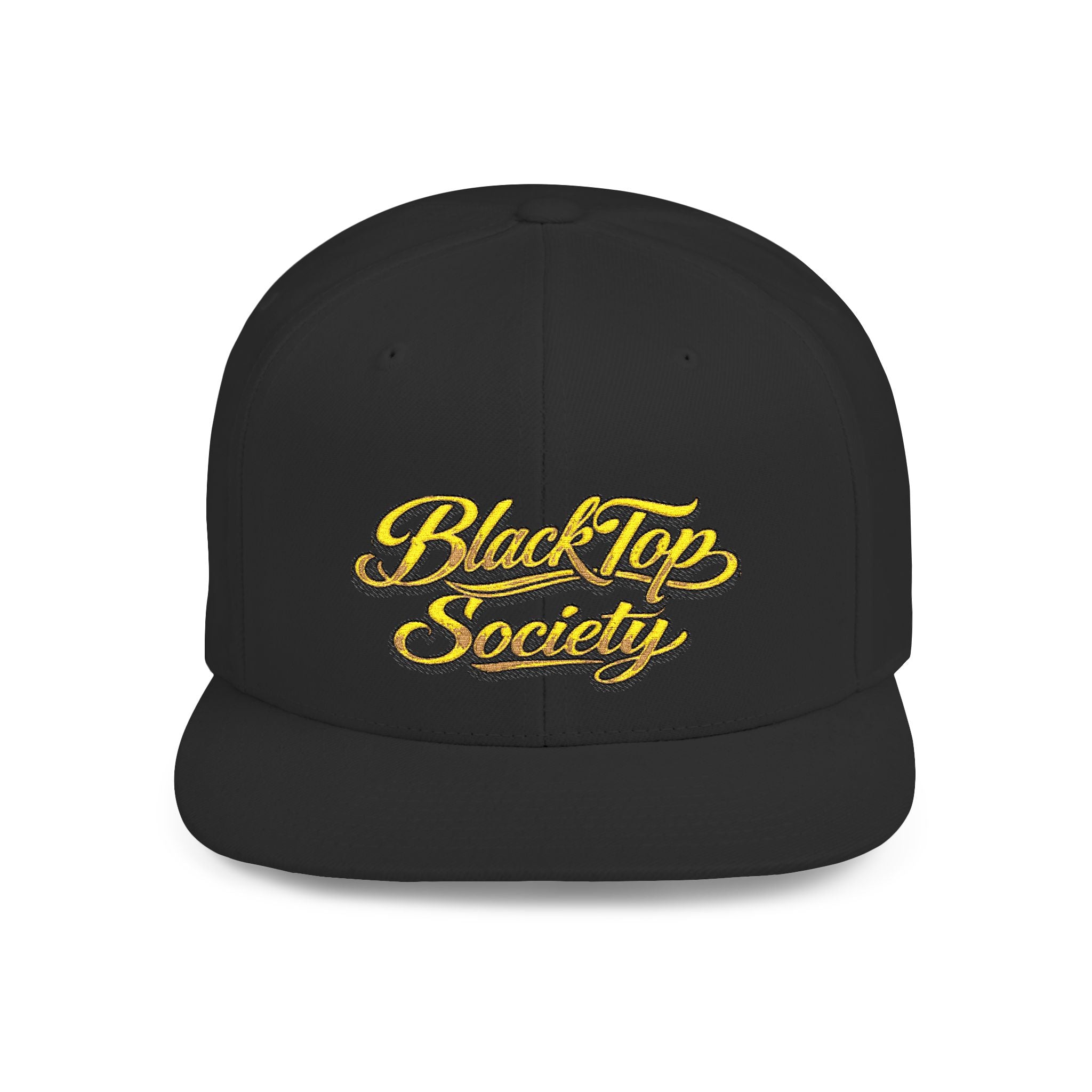Black snapback hat with gold BlackTop Society script logo, streetwear style
