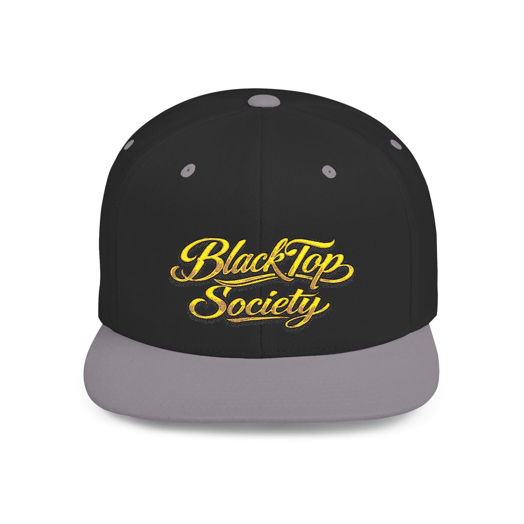 Black snapback hat with gold BlackTop Society script logo and gray brim, streetwear style