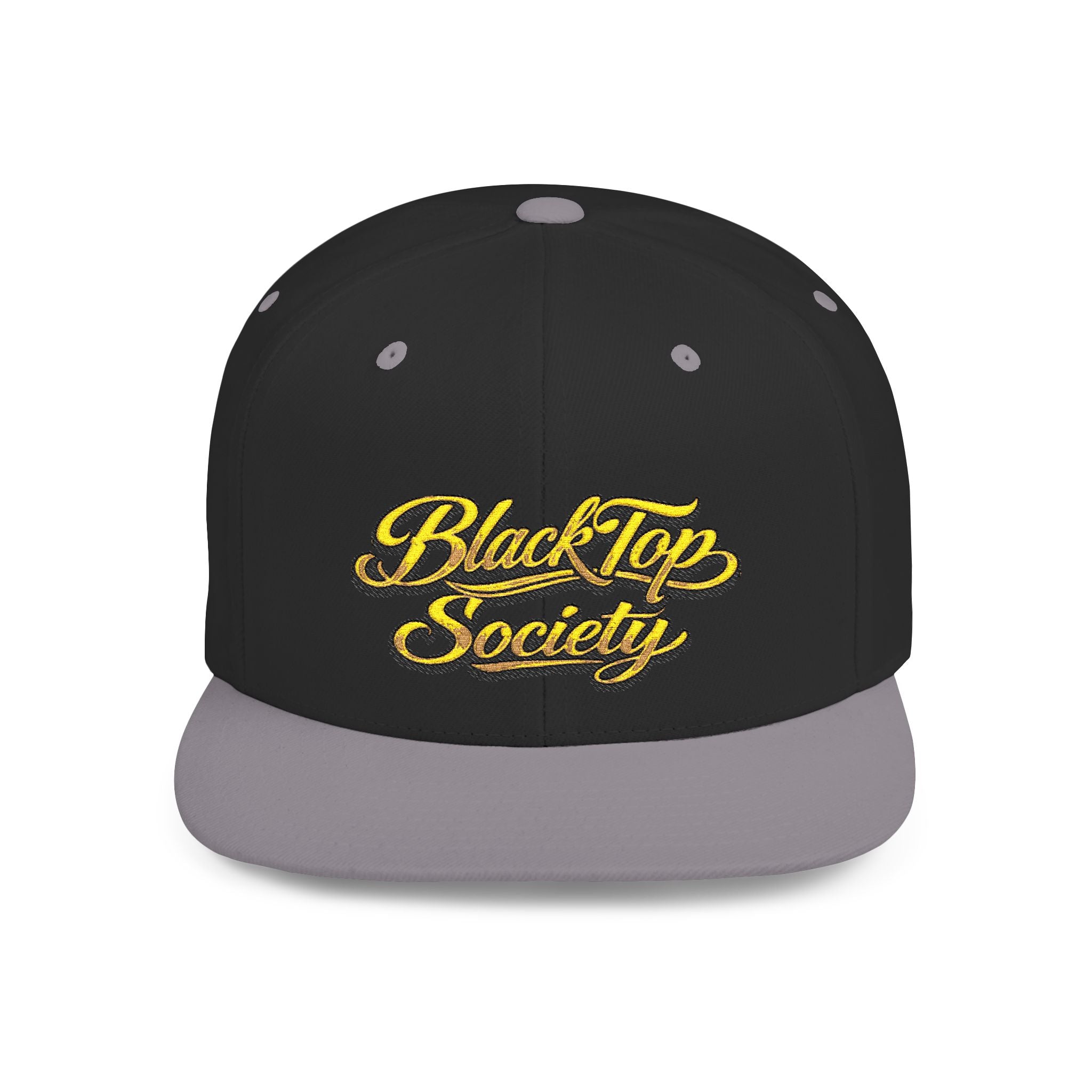 Black snapback hat with gold BlackTop Society script logo and gray brim, streetwear style