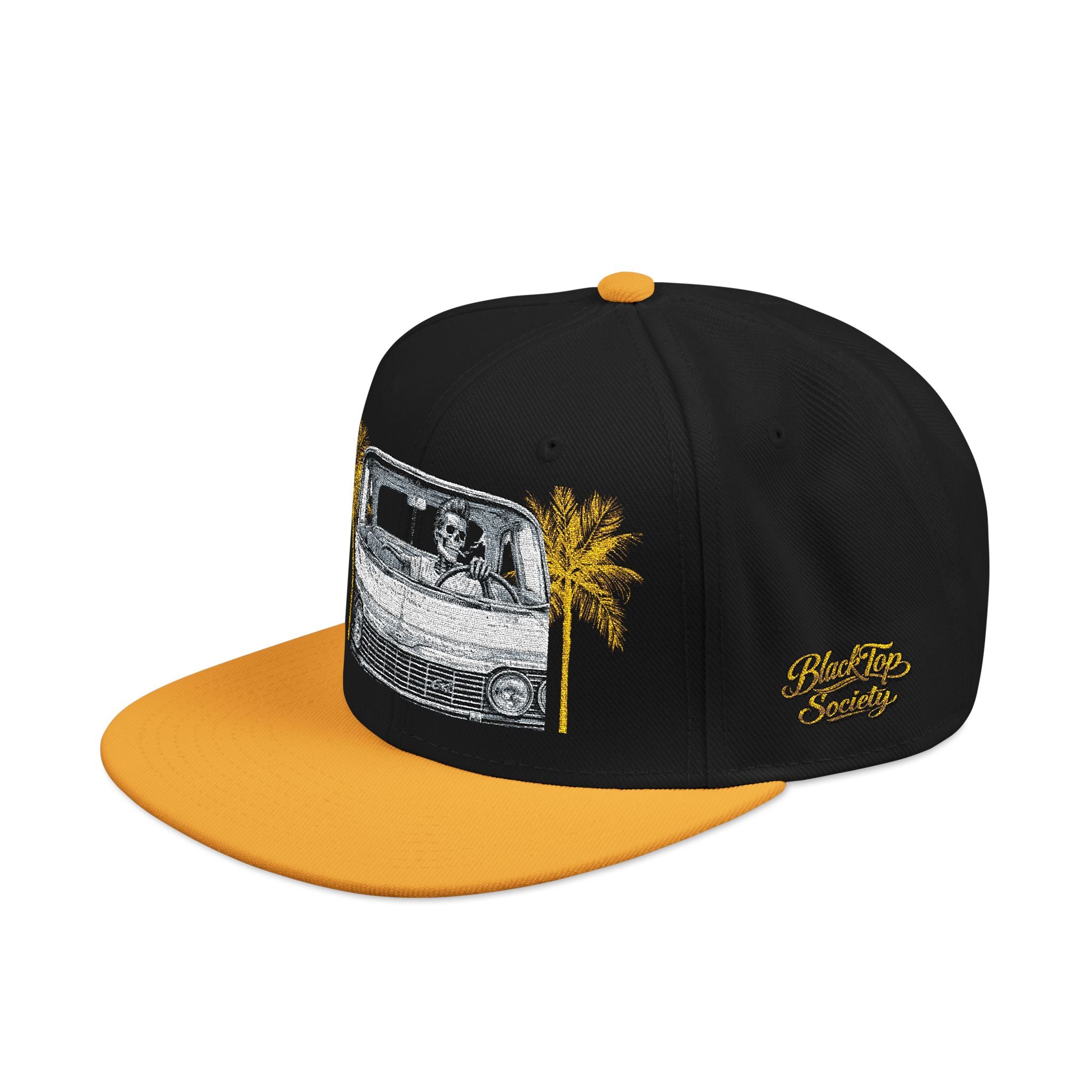 Vintage camper snapback hat with embroidered palm tree and van design, gray six-panel crown