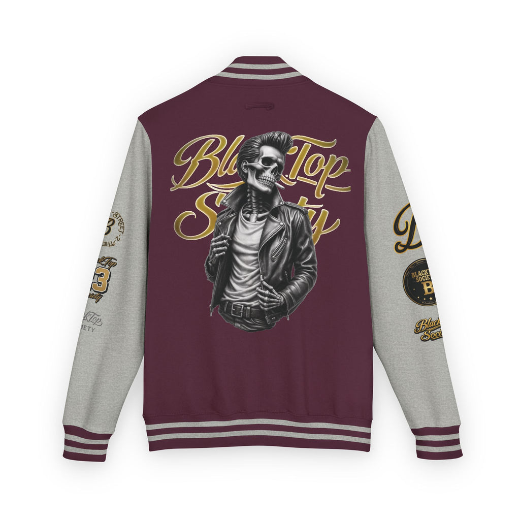 Black & White Letterman Jacket — 'Blue Top Society' Skeleton Biker Design