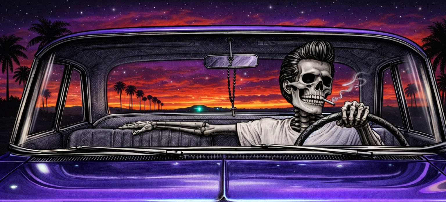 Skeleton driving purple lowrider at sunset with palm trees, streetwear graphic art