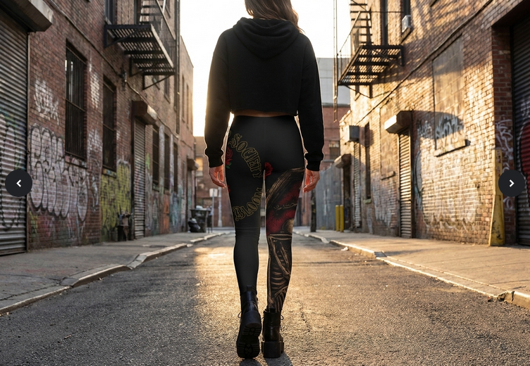 Skull and rose high-waist yoga leggings, gothic all-over print, Blacktop Society, view 3