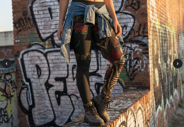 Skull and rose high-waist yoga leggings, gothic all-over print, Blacktop Society, view 4