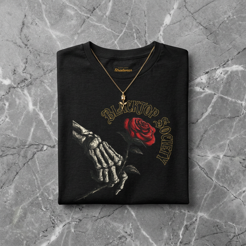 Love Never Dies skull and rose graphic tee, Blacktop Society, front view