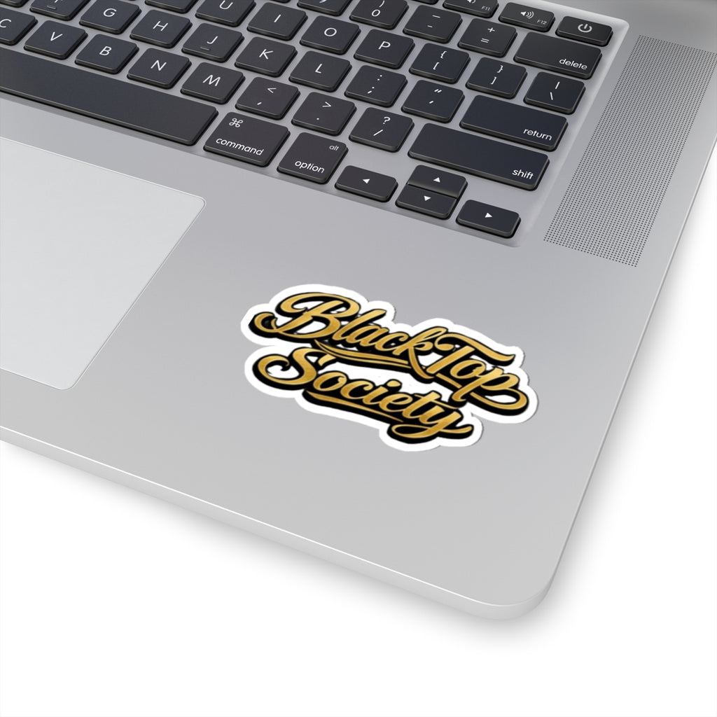 BlackTop Society gold script vinyl sticker on car window, kiss-cut decal, view 2