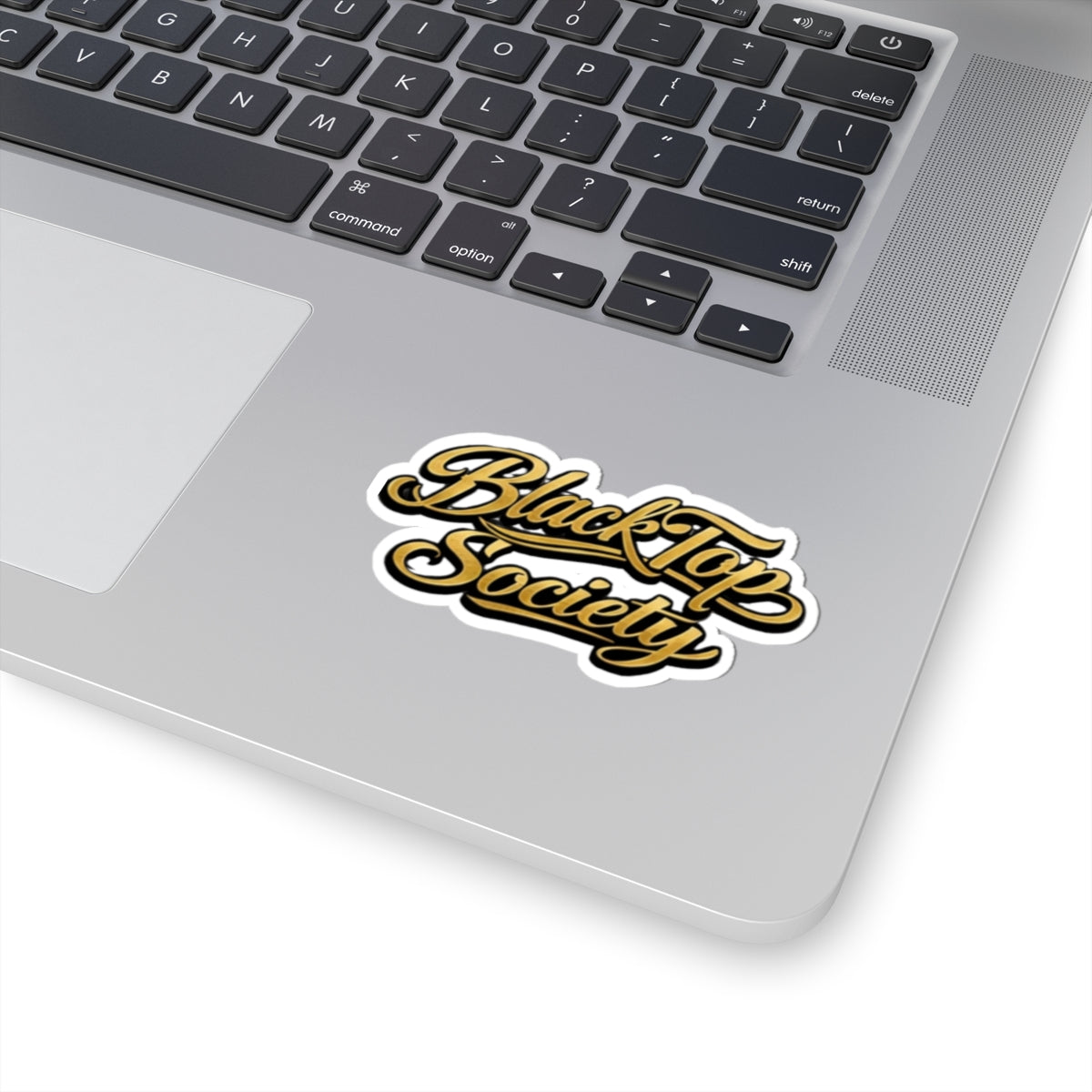 BlackTop Society gold script vinyl sticker on car window, kiss-cut decal, view 2