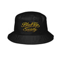 Black Top Society cotton twill bucket hat with gold embroidery — navy colorway