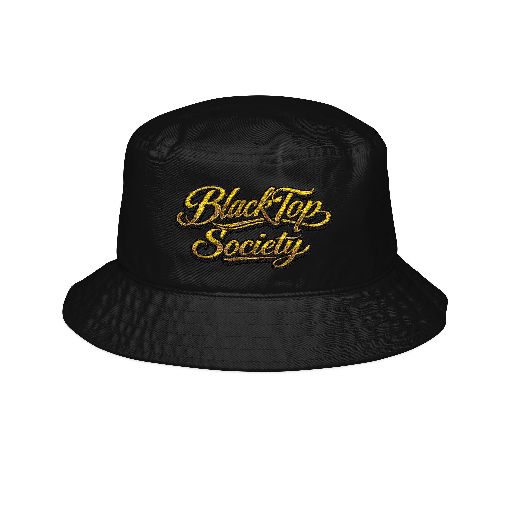 Black Top Society cotton twill bucket hat with gold embroidery — navy colorway