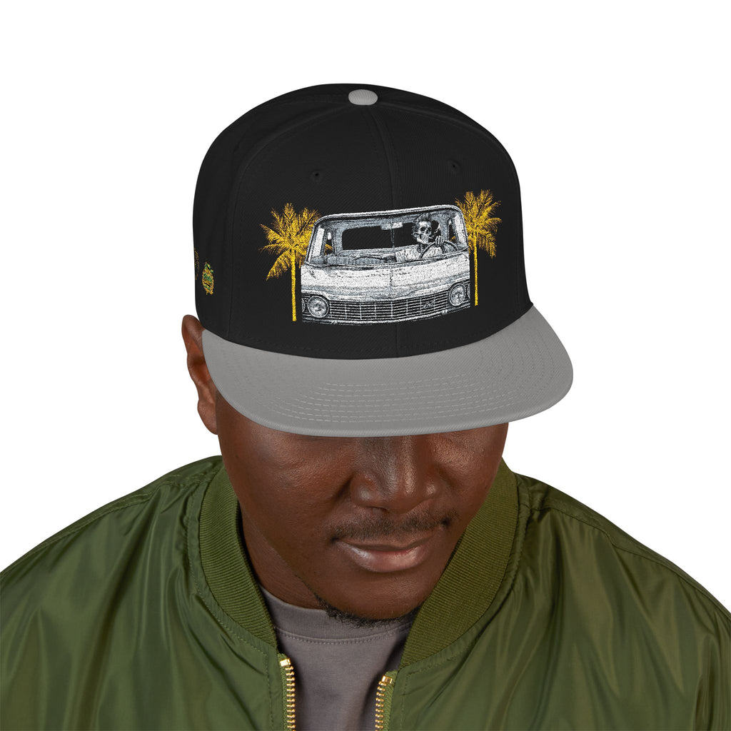 Vintage Camper Snapback Hat — Embroidered Palm Tree & Van Design