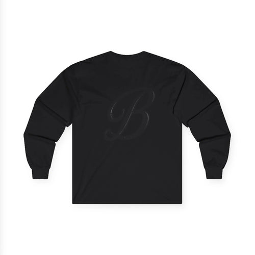 Black long sleeve streetwear tee with subtle B logo, urban style graphic shirt