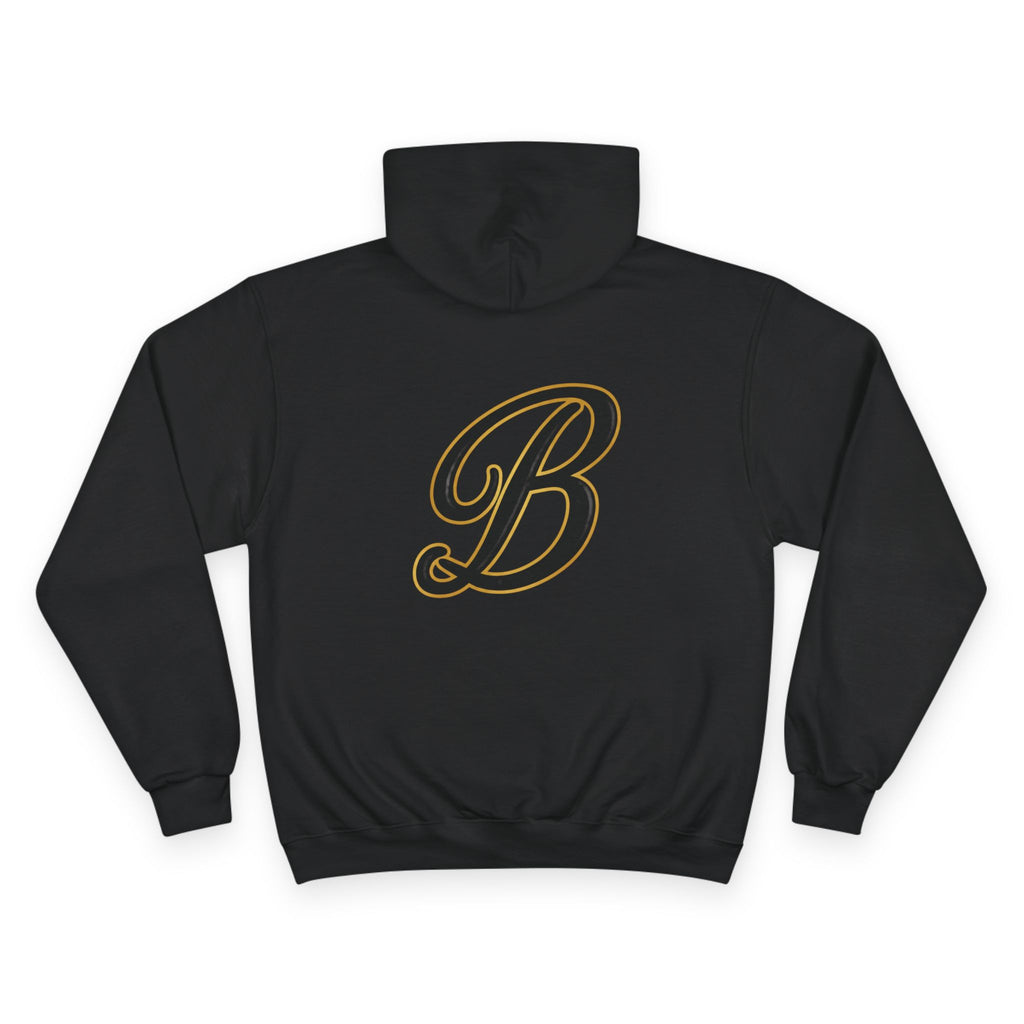 Black hoodie with gold cursive B logo, streetwear style graphic pullover