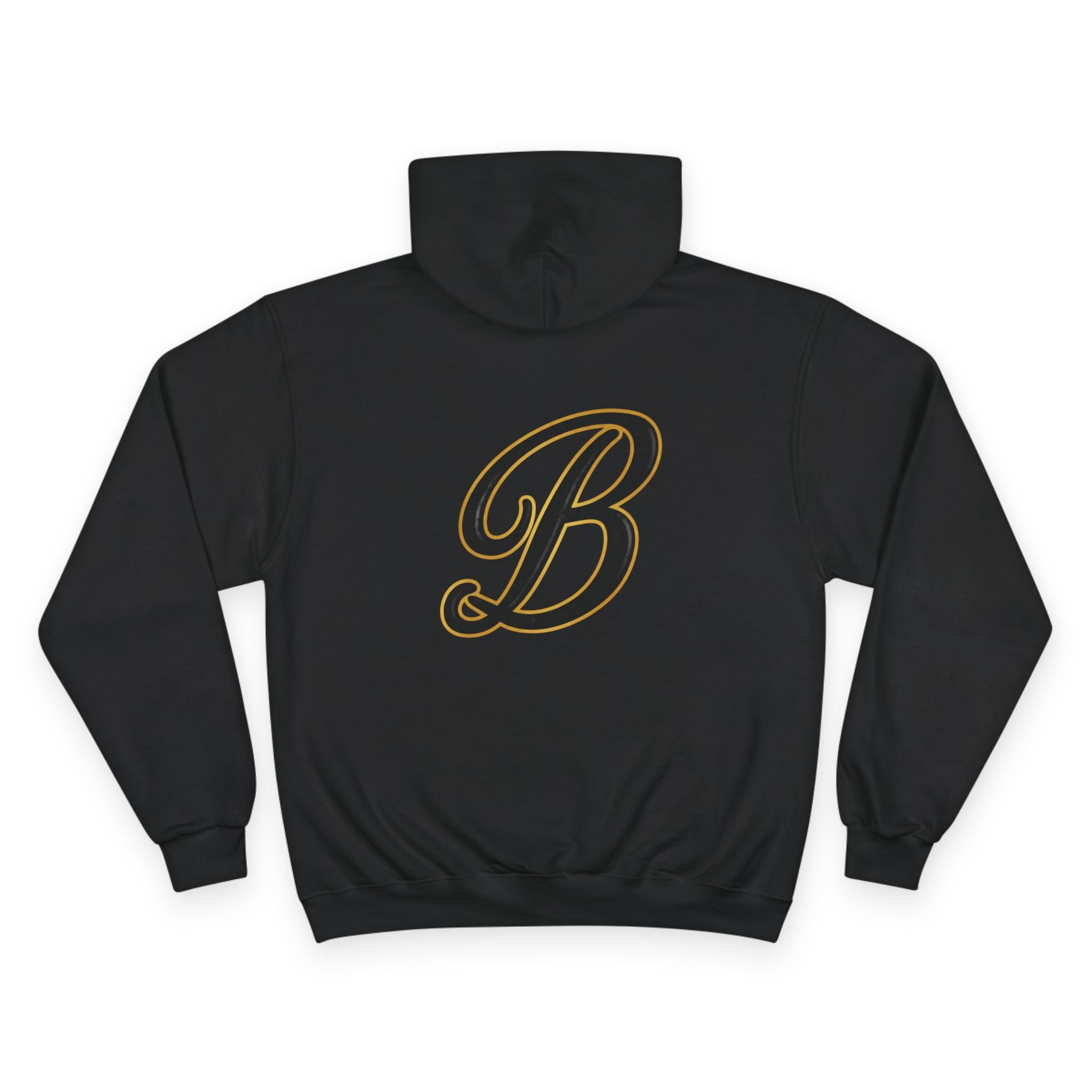Black hoodie with gold cursive B logo, streetwear style graphic pullover