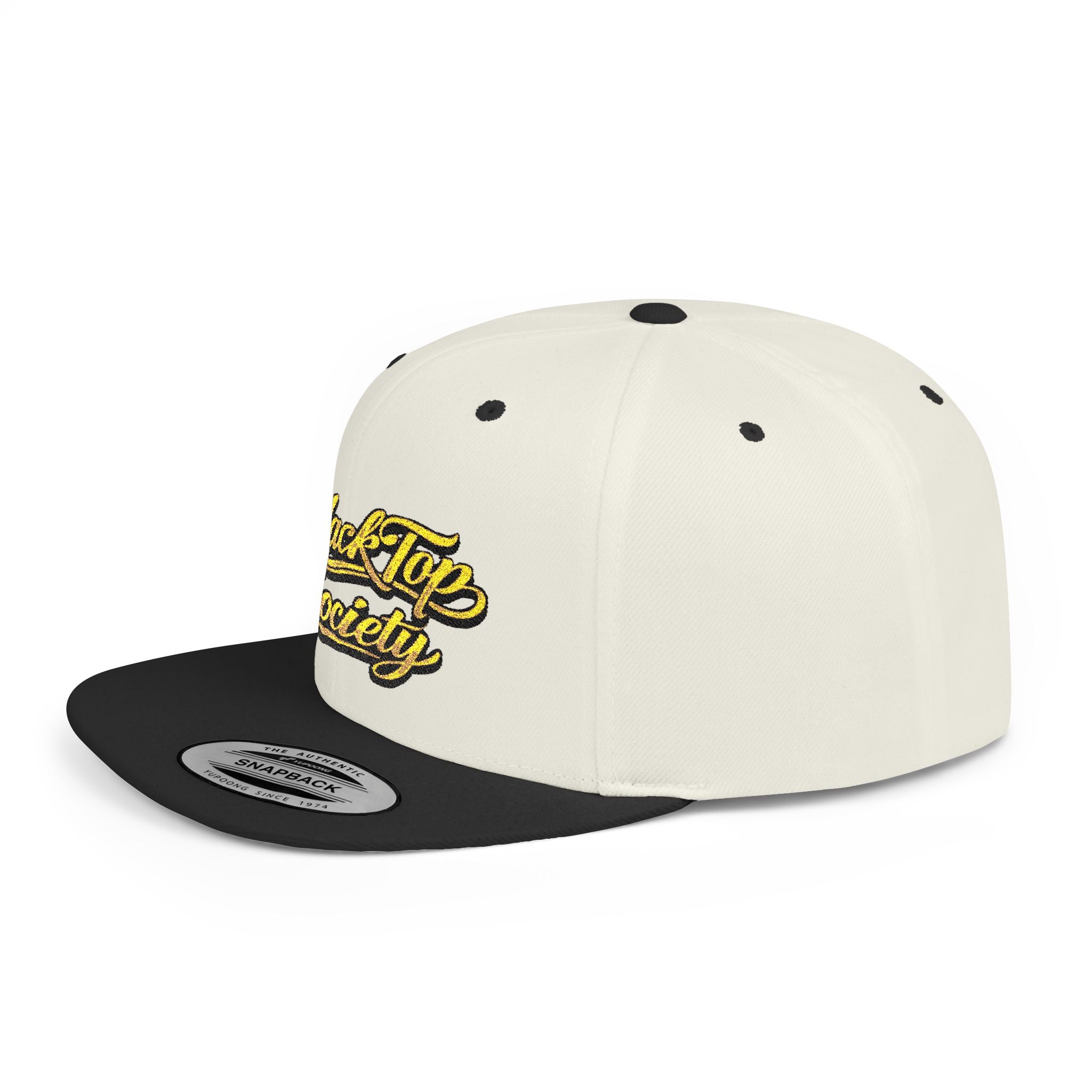 Cream and black snapback hat with yellow BlackTop Society embroidery, streetwear style
