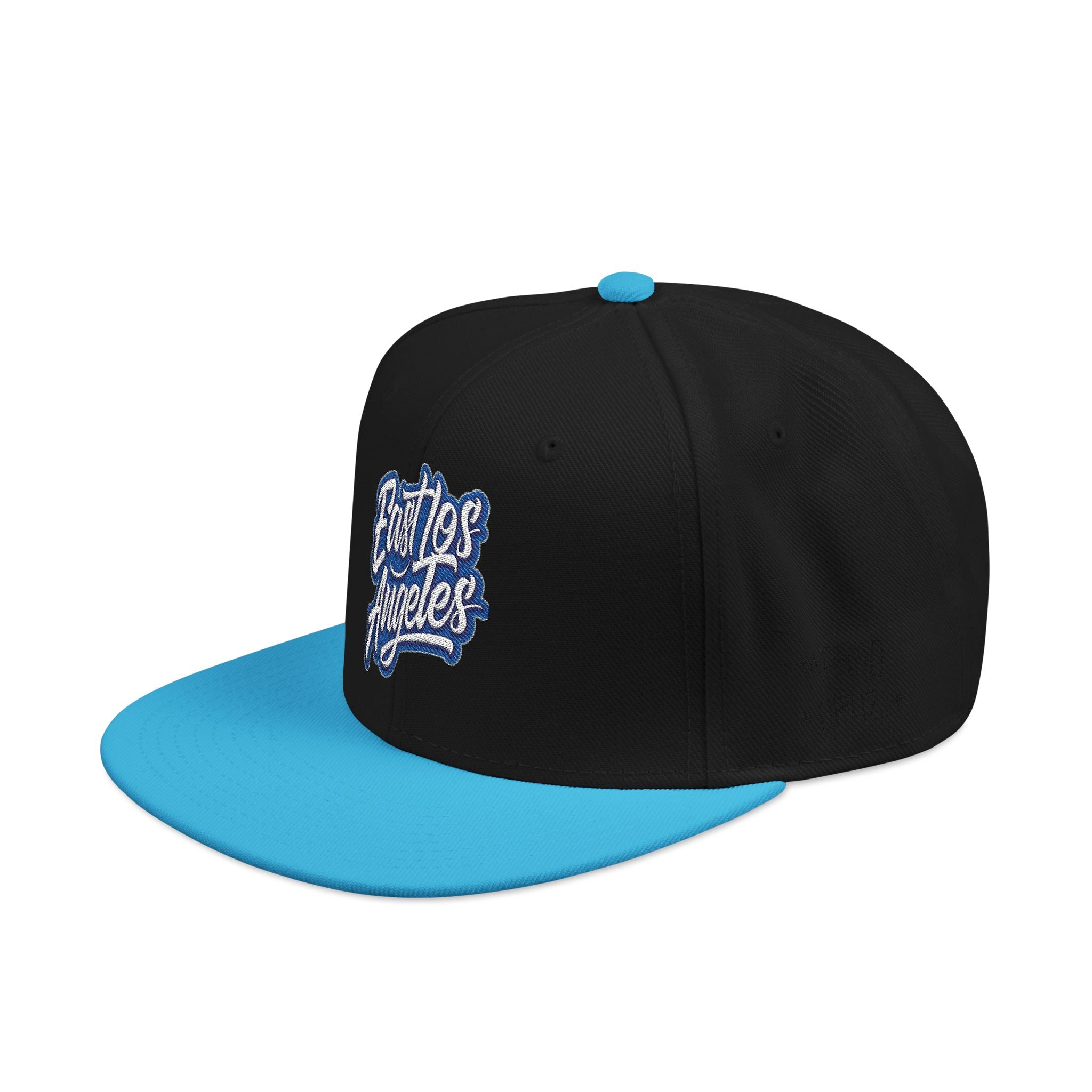 Blue Vibes embroidered snapback hat, black with cyan visor, Blacktop Society, view 2