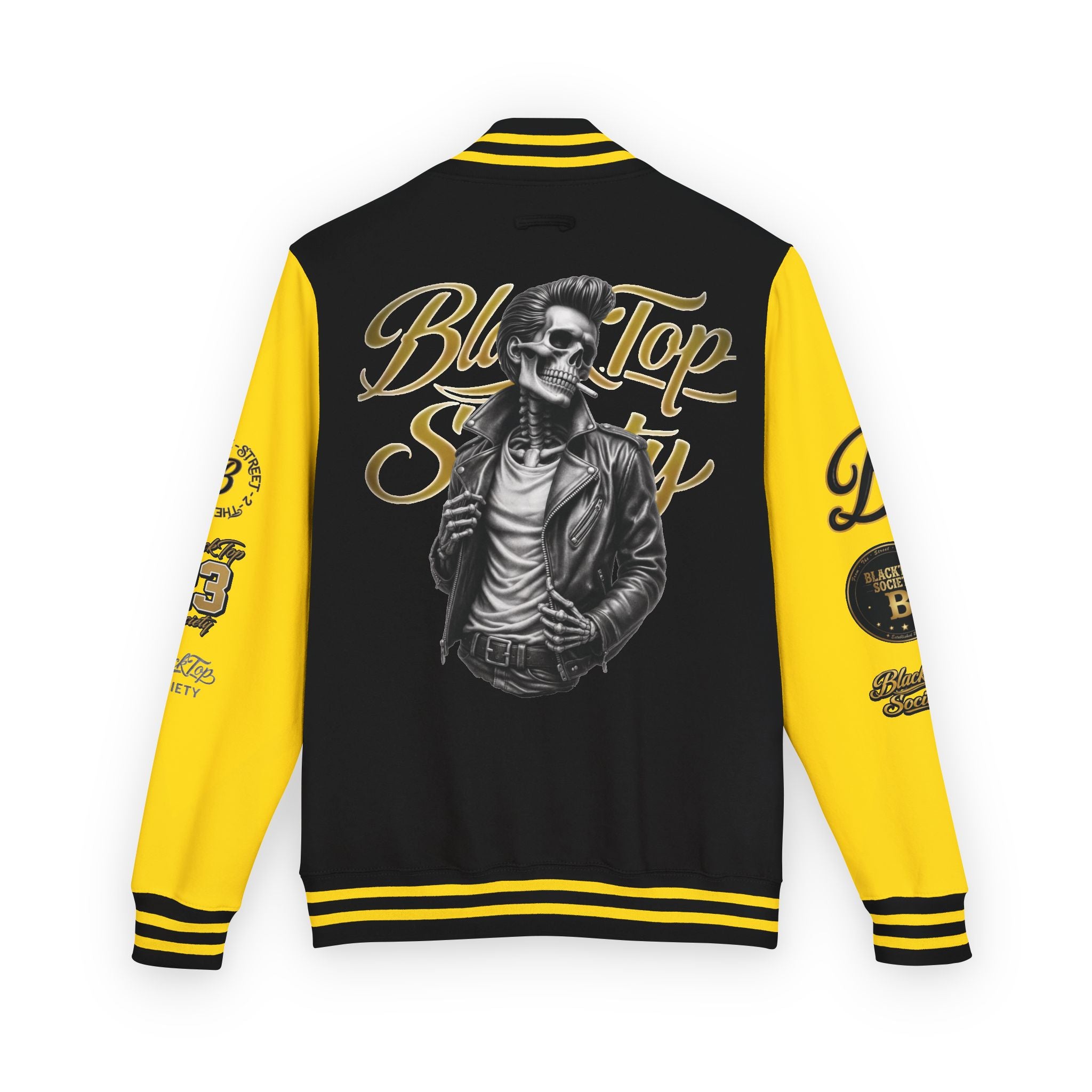 Black & White Letterman Jacket — 'Blue Top Society' Skeleton Biker Design