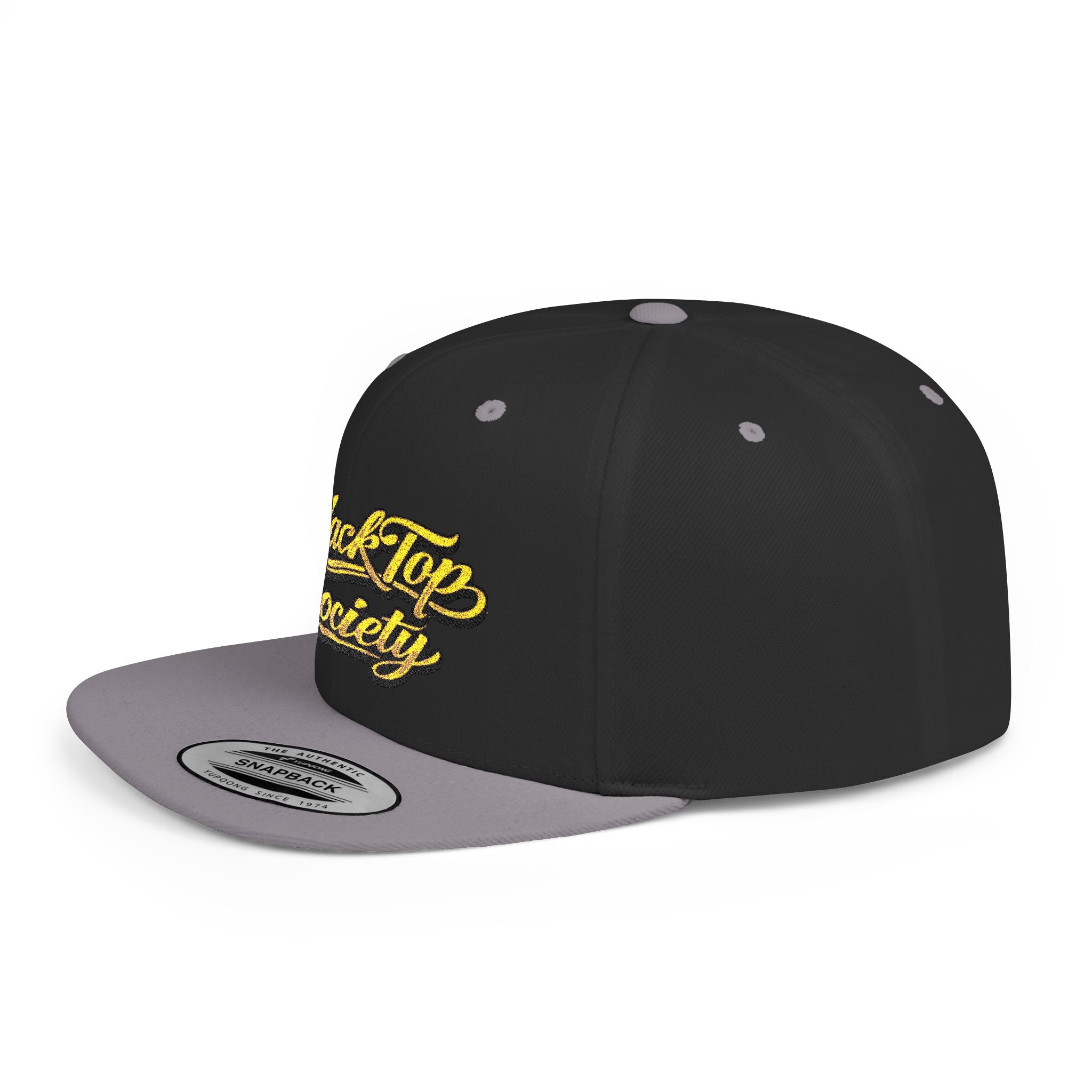 Black snapback hat with gold 'BlackTop Society' script, gray brim, streetwear style