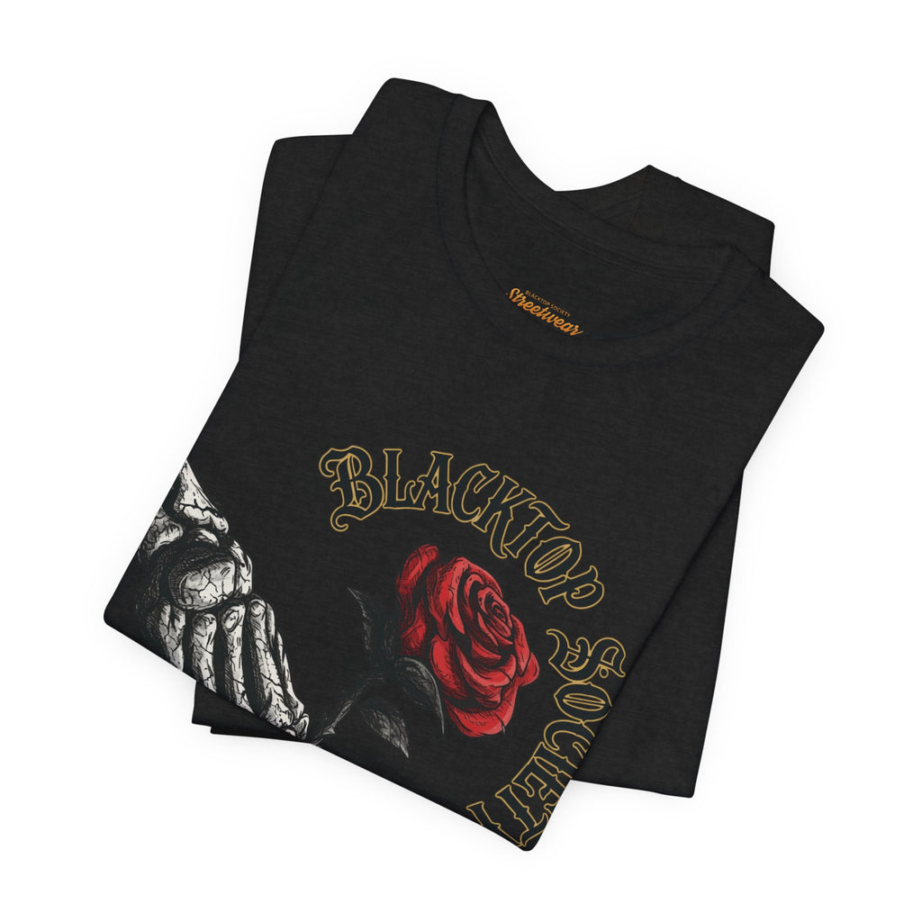 Love Never Dies skull and rose graphic tee, Blacktop Society, view 8