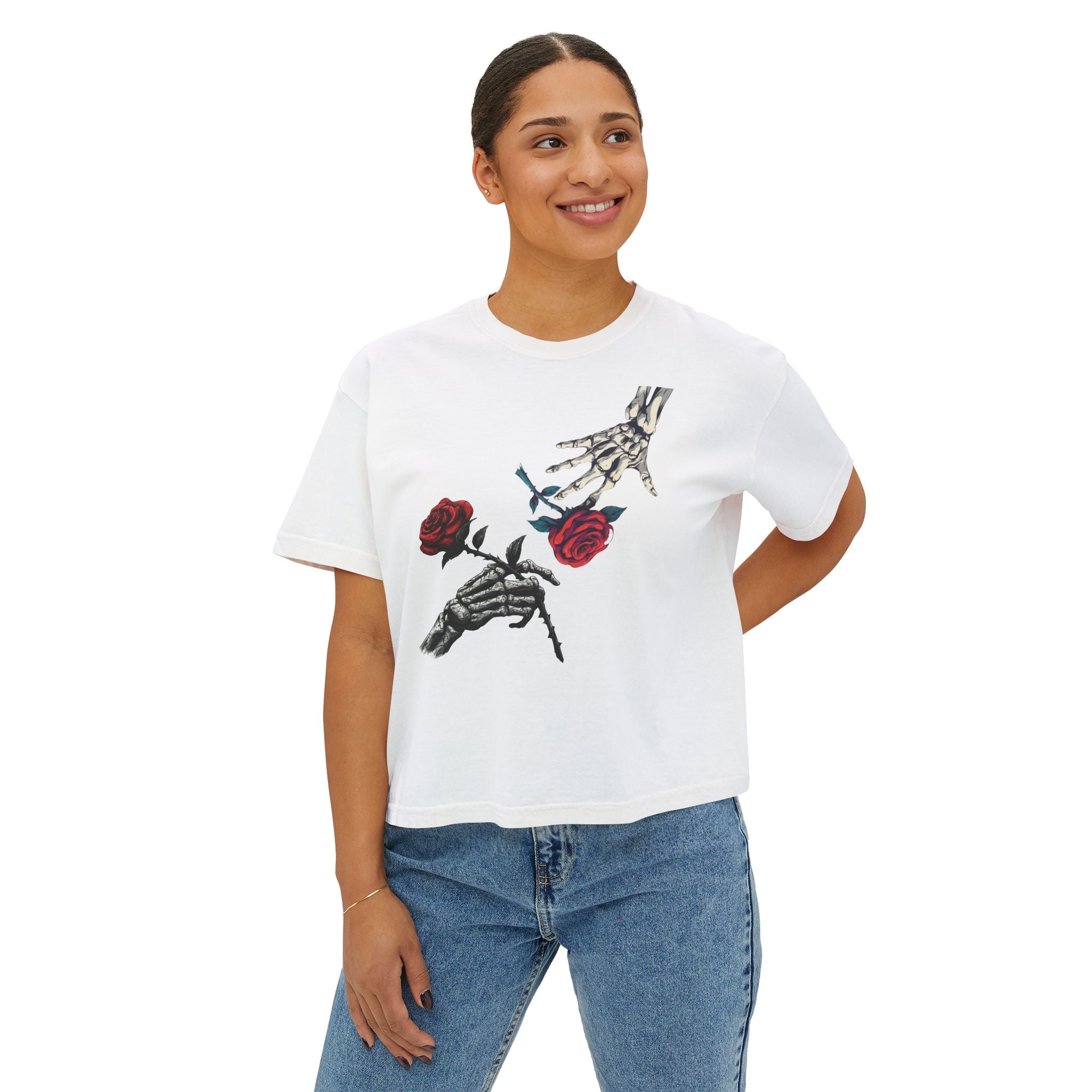 Roses are Red women's crop tee with B rose graphic, Blacktop Society streetwear, view 10