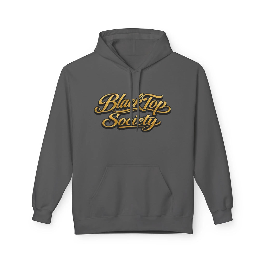 Dark gray hoodie with gold BlackTop Society script logo, streetwear style graphic pullover