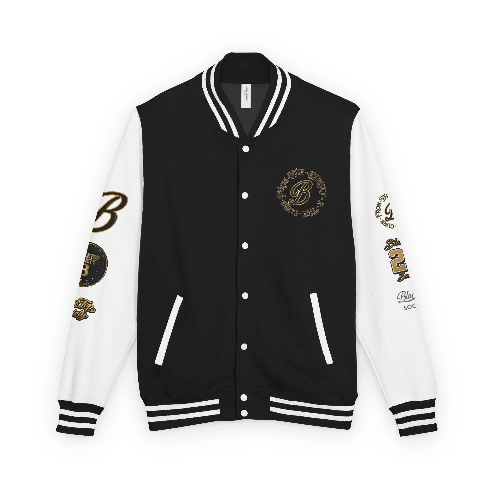Black & White Letterman Jacket — 'Blue Top Society' Skeleton Biker Design
