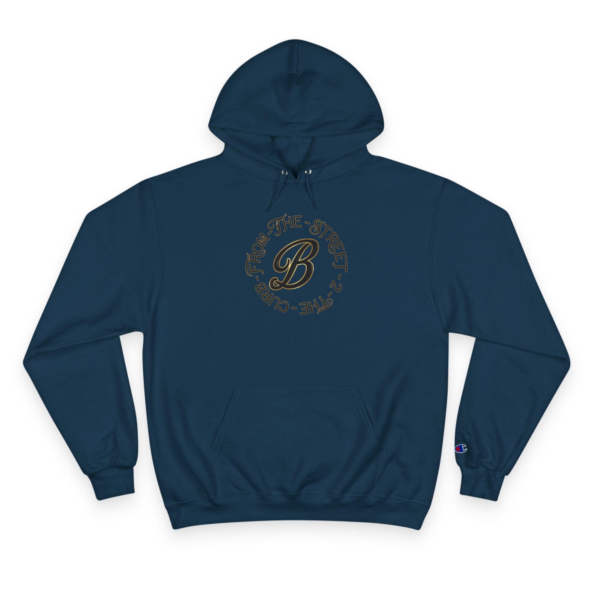 Navy streetwear hoodie with gold 'From The Street 2 The Curb' graphic, Champion logo sleeve
