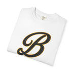 White streetwear tee with bold black and gold letter B graphic, folded clean for display