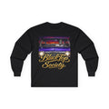 Black long sleeve tee with skull driving lowrider at sunset, 'BlackTop Society' gold script, streetwear graphic design
