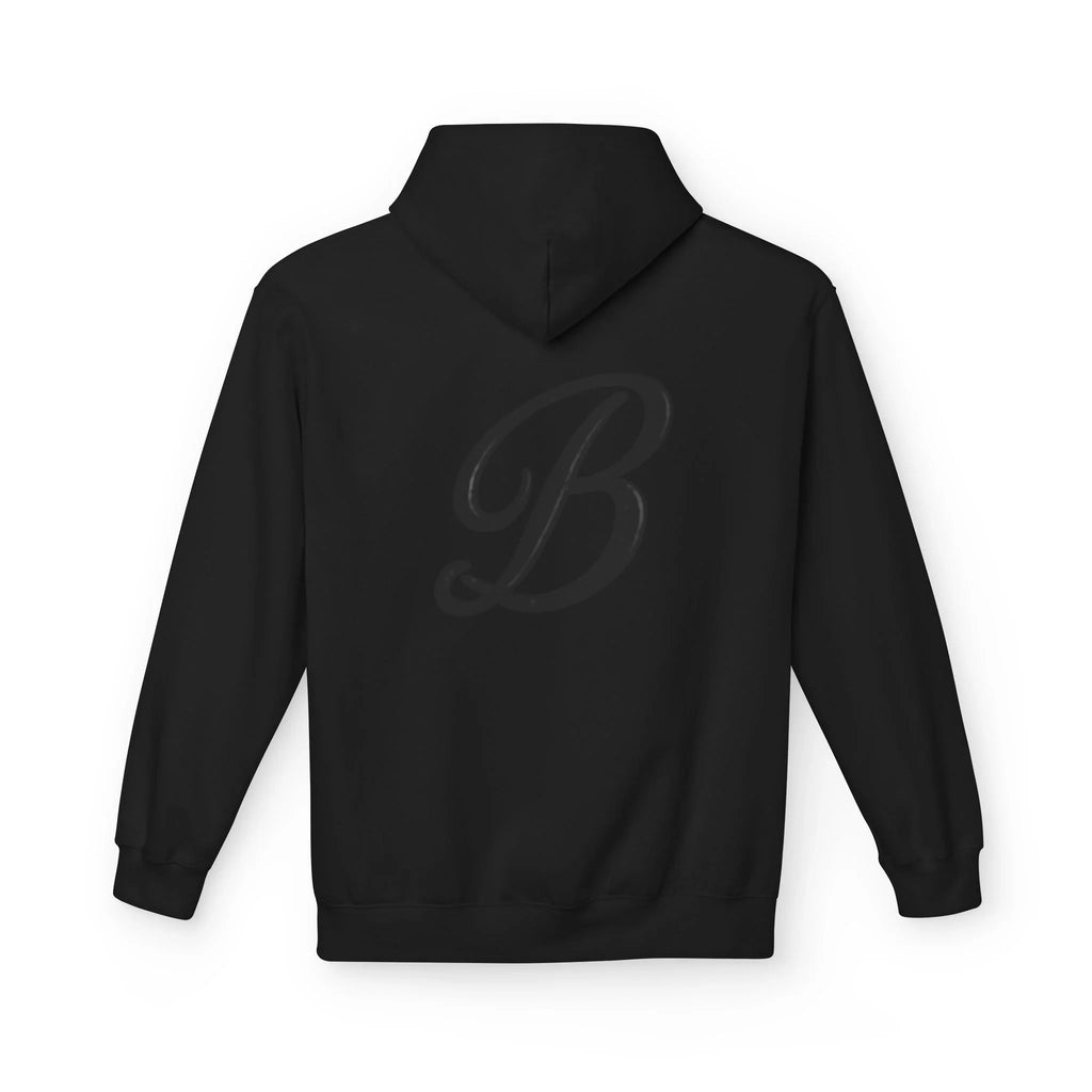 Black hoodie with subtle B logo, streetwear style for urban fashion