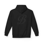 Black hoodie with subtle B logo, streetwear style for urban fashion