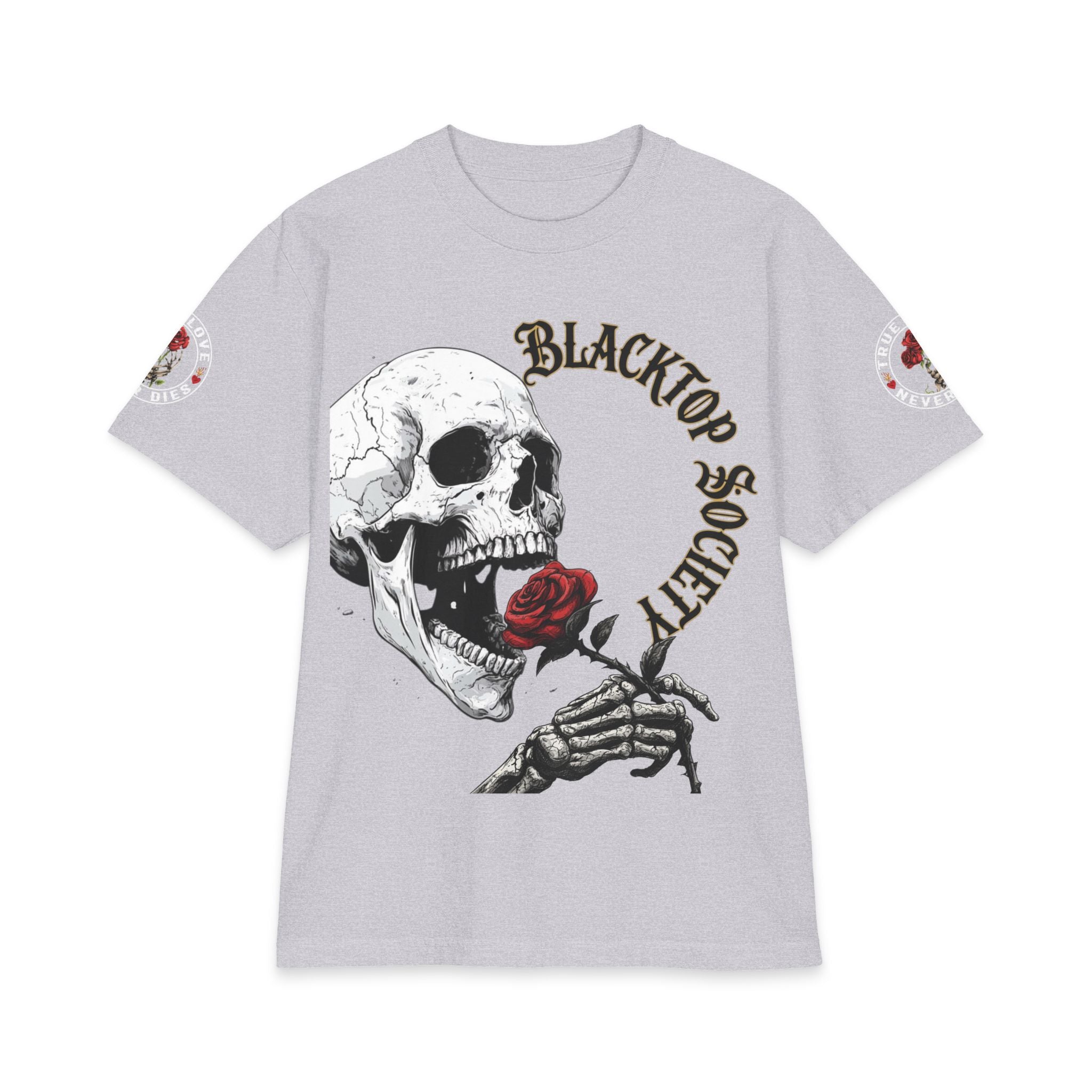 'Love Never Dies' skull and rose graphic tee, Blacktop Society, view 3